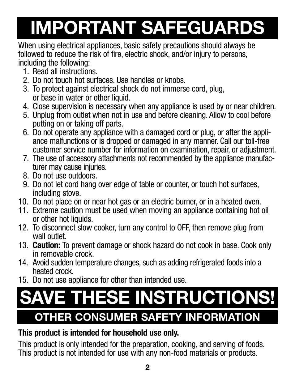 Save these instructions, Important safeguards, Other consumer safety information | Proctor-Silex 4 Quart Slow Cooker (round)-33040Y User Manual | Page 2 / 24