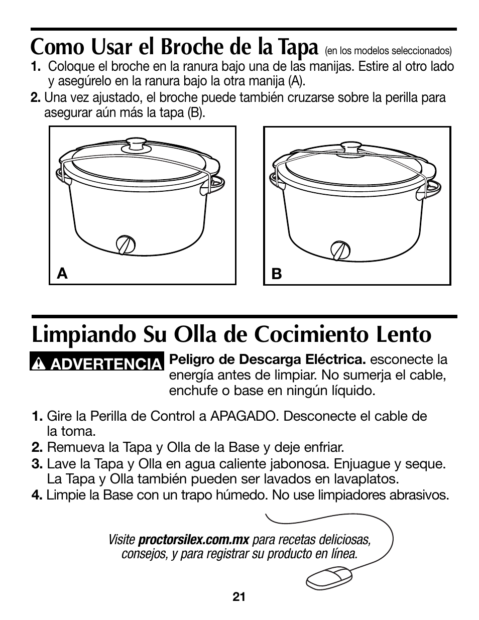 Limpiando su olla de cocimiento lento, Como usar el broche de la tapa | Proctor-Silex 4 Quart Slow Cooker (round)-33040Y User Manual | Page 21 / 24