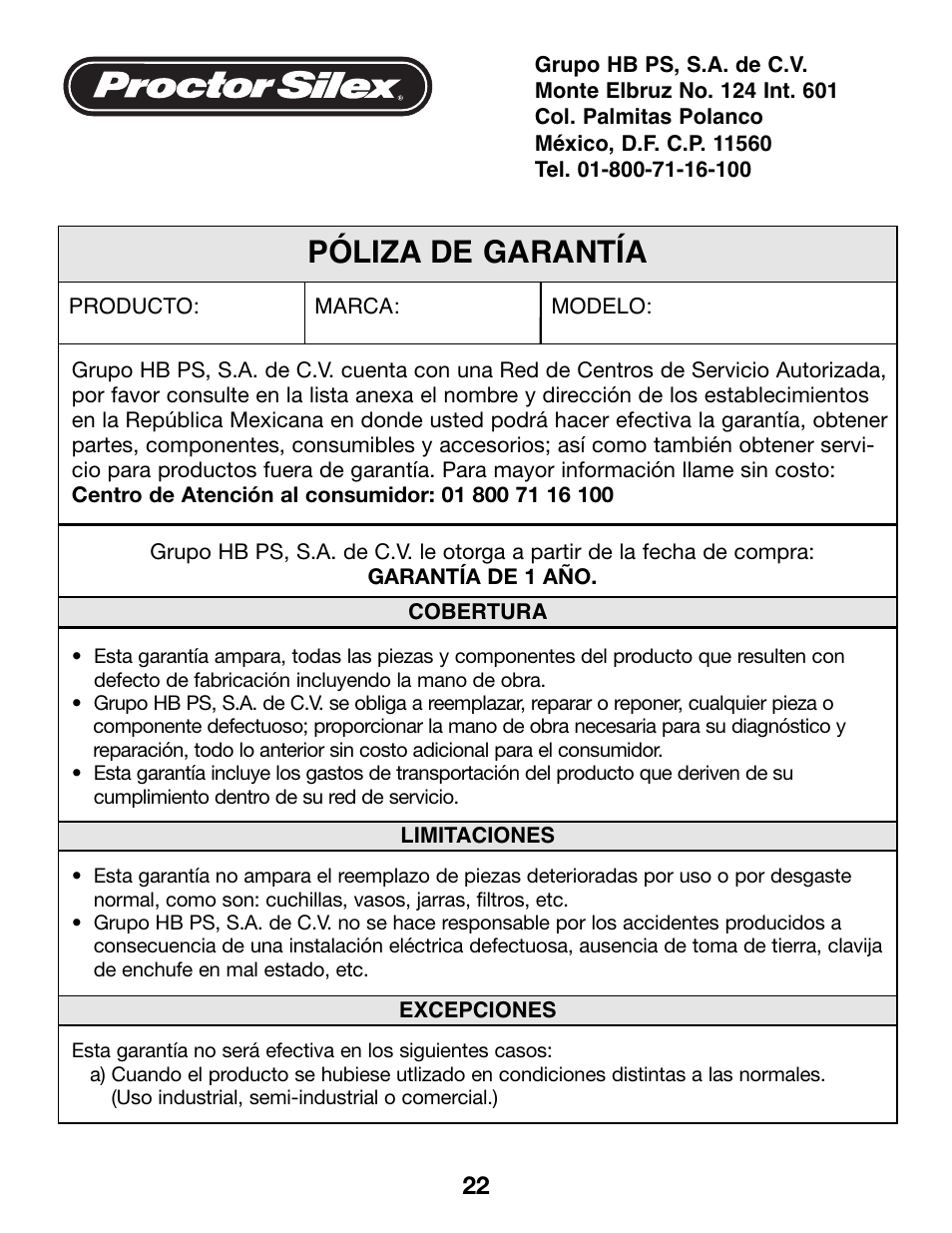 Póliza de garantía | Proctor-Silex 4 Quart Slow Cooker (round)-33040Y User Manual | Page 22 / 24