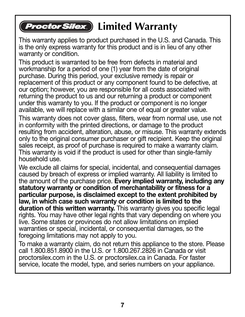 Limited warranty | Proctor-Silex 4 Quart Slow Cooker (round)-33040Y User Manual | Page 7 / 24