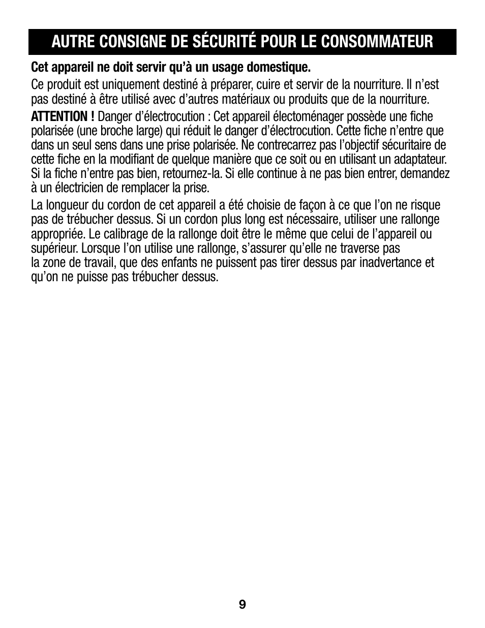 Autre consigne de sécurité pour le consommateur | Proctor-Silex 4 Quart Slow Cooker (round)-33040Y User Manual | Page 9 / 24