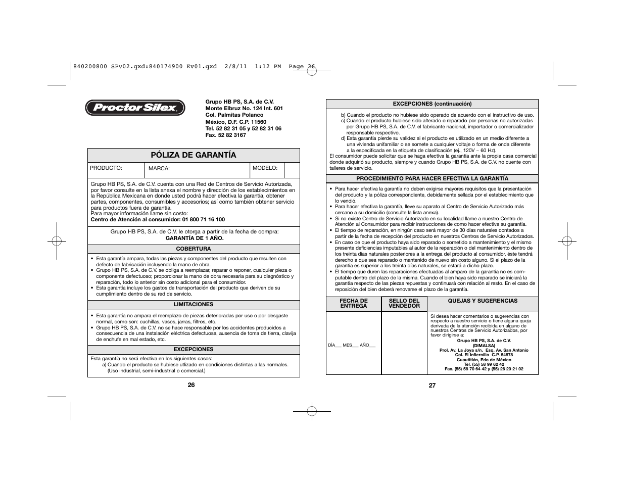Póliza de garantía | Proctor-Silex 4 Quart Slow Cooker (black)-33043 User Manual | Page 16 / 17