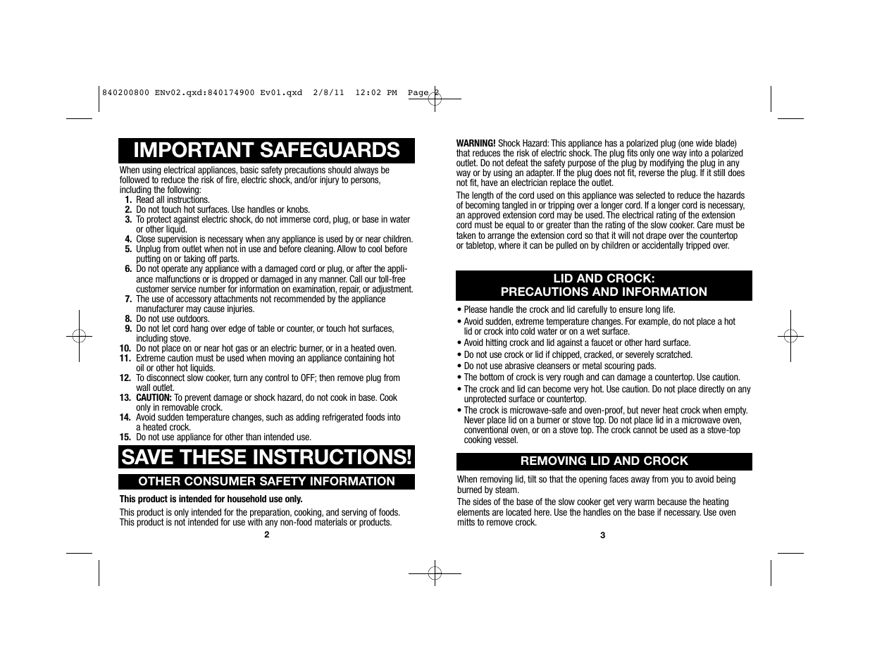 Save these instructions, Important safeguards | Proctor-Silex 4 Quart Slow Cooker (black)-33043 User Manual | Page 2 / 17