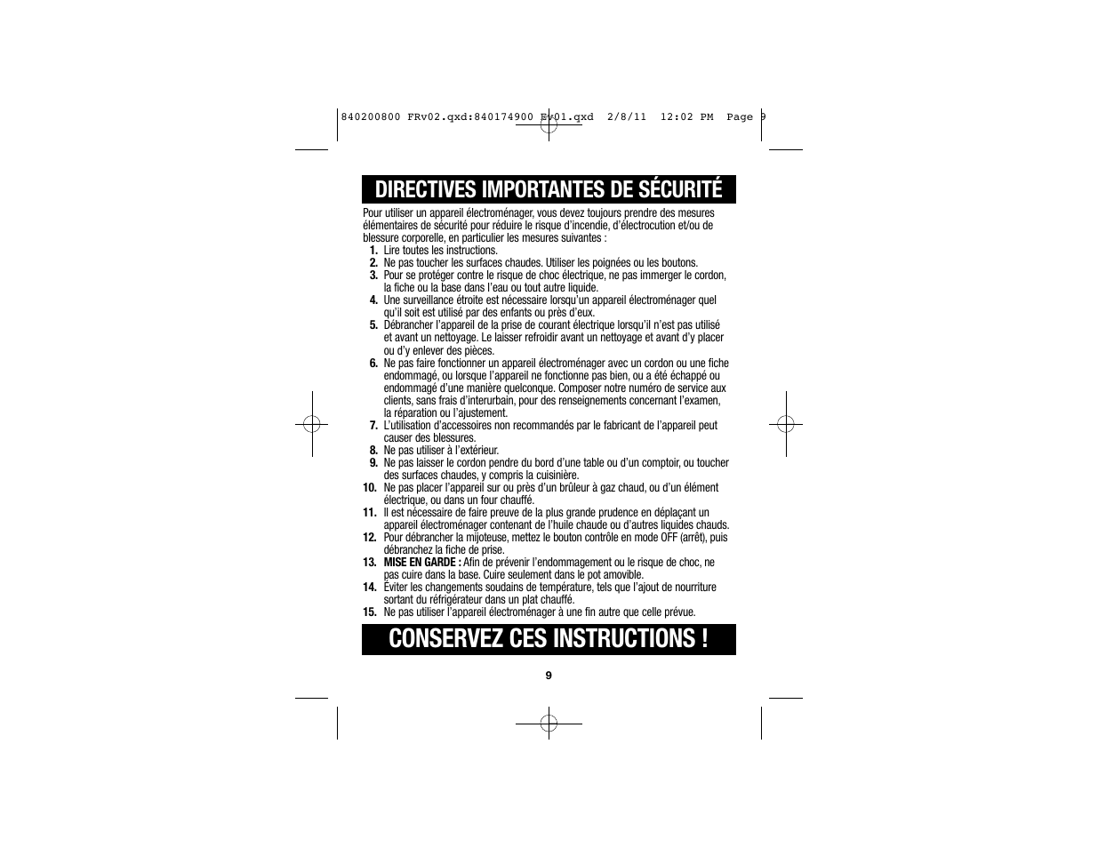Conservez ces instructions, Directives importantes de sécurité | Proctor-Silex 4 Quart Slow Cooker (black)-33043 User Manual | Page 6 / 17
