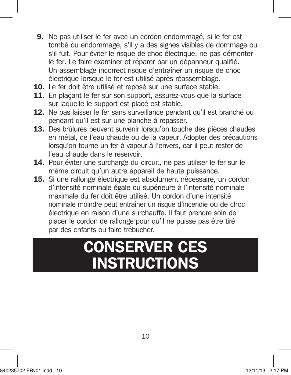 Conserver ces instructions | Proctor-Silex Iron-17325 User Manual | Page 10 / 28