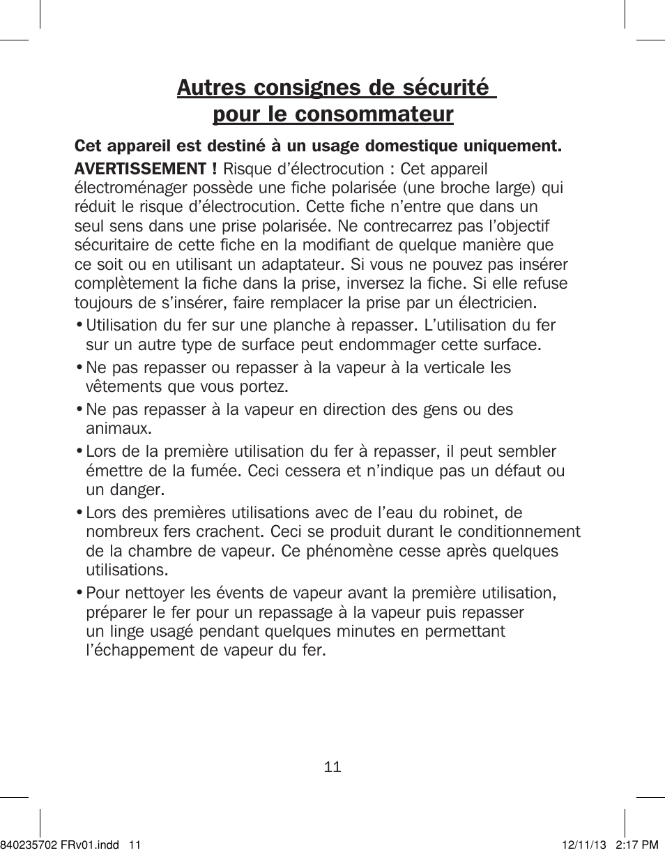 Autres consignes de sécurité pour le consommateur | Proctor-Silex Iron-17325 User Manual | Page 11 / 28