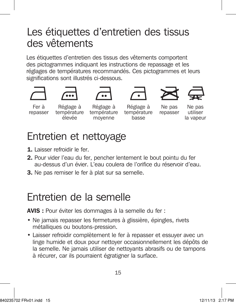 Entretien et nettoyage entretien de la semelle | Proctor-Silex Iron-17325 User Manual | Page 15 / 28