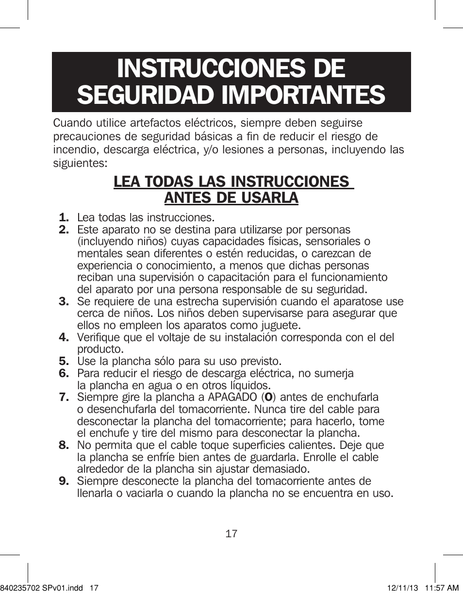 840235702 spv01, Instrucciones de seguridad importantes, Lea todas las instrucciones antes de usarla | Proctor-Silex Iron-17325 User Manual | Page 17 / 28