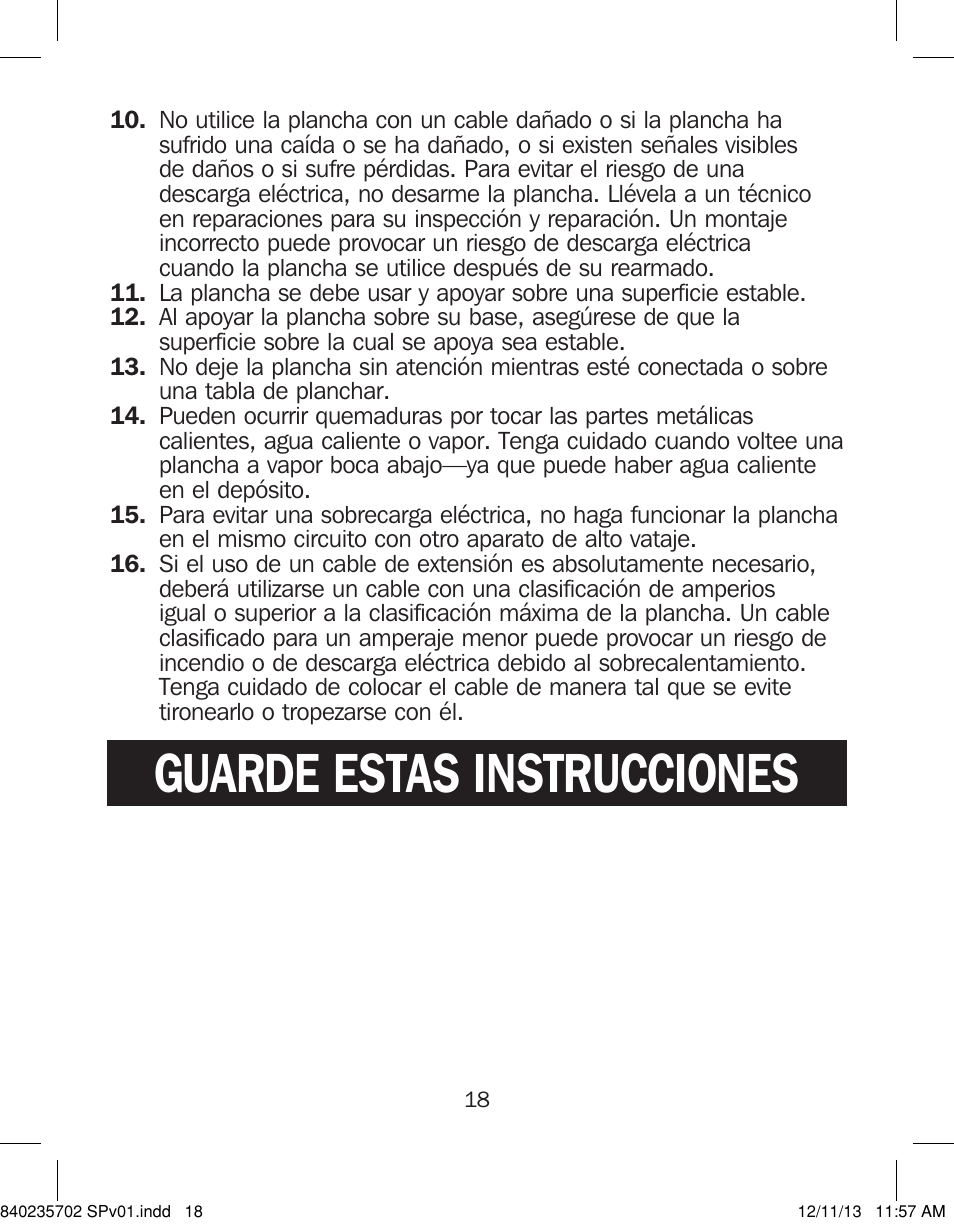 Guarde estas instrucciones | Proctor-Silex Iron-17325 User Manual | Page 18 / 28