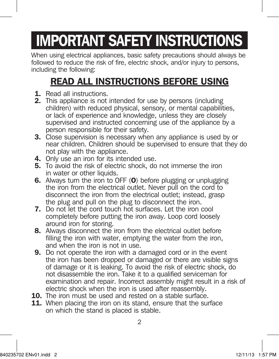 Important safety instructions, Read all instructions before using | Proctor-Silex Iron-17325 User Manual | Page 2 / 28