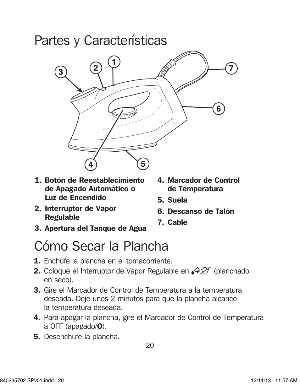 Partes y características, Cómo secar la plancha | Proctor-Silex Iron-17325 User Manual | Page 20 / 28