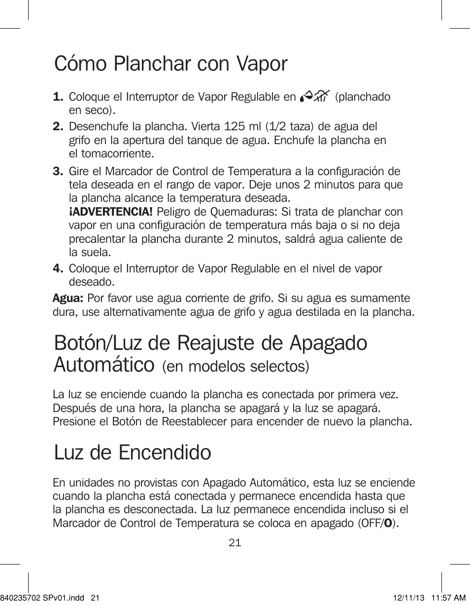 Cómo planchar con vapor, Botón/luz de reajuste de apagado automático, Luz de encendido | En modelos selectos) | Proctor-Silex Iron-17325 User Manual | Page 21 / 28