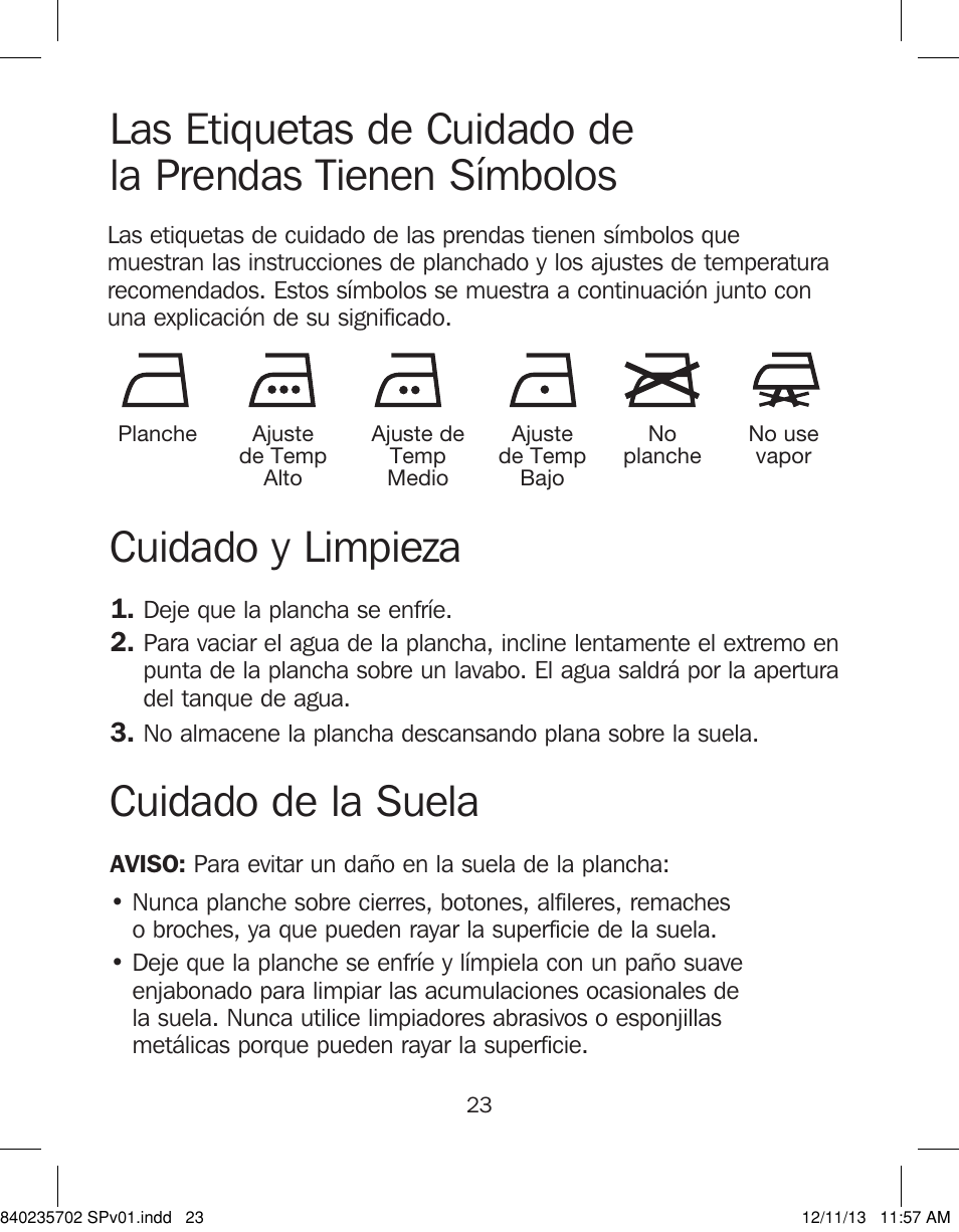 Cuidado y limpieza cuidado de la suela | Proctor-Silex Iron-17325 User Manual | Page 23 / 28