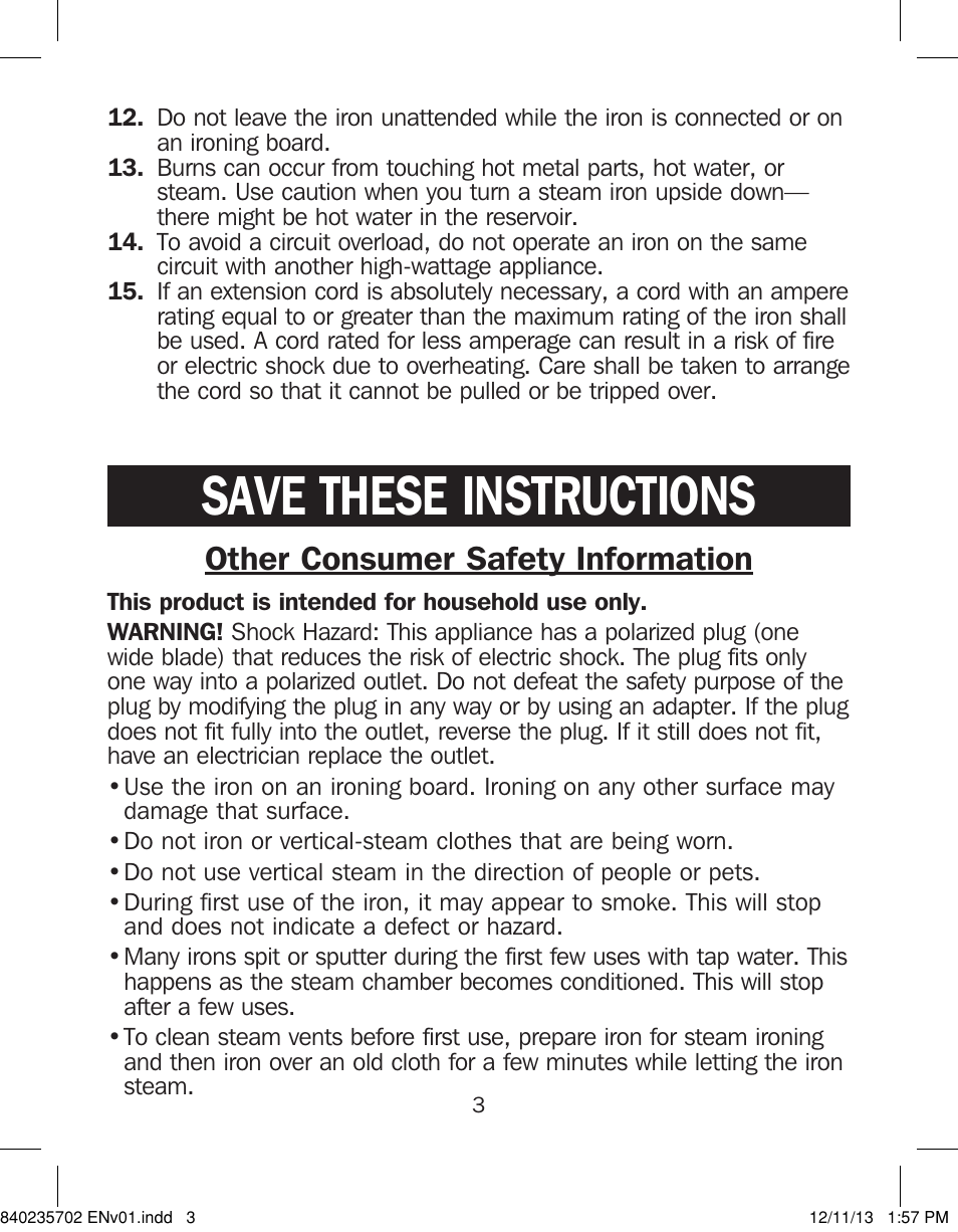 Save these instructions, Other consumer safety information | Proctor-Silex Iron-17325 User Manual | Page 3 / 28