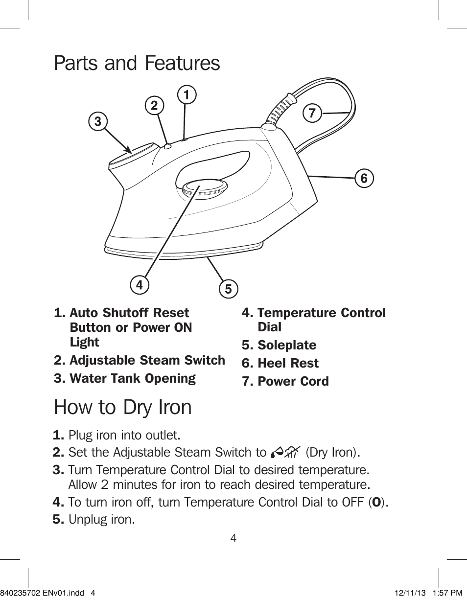 Parts and features, How to dry iron | Proctor-Silex Iron-17325 User Manual | Page 4 / 28