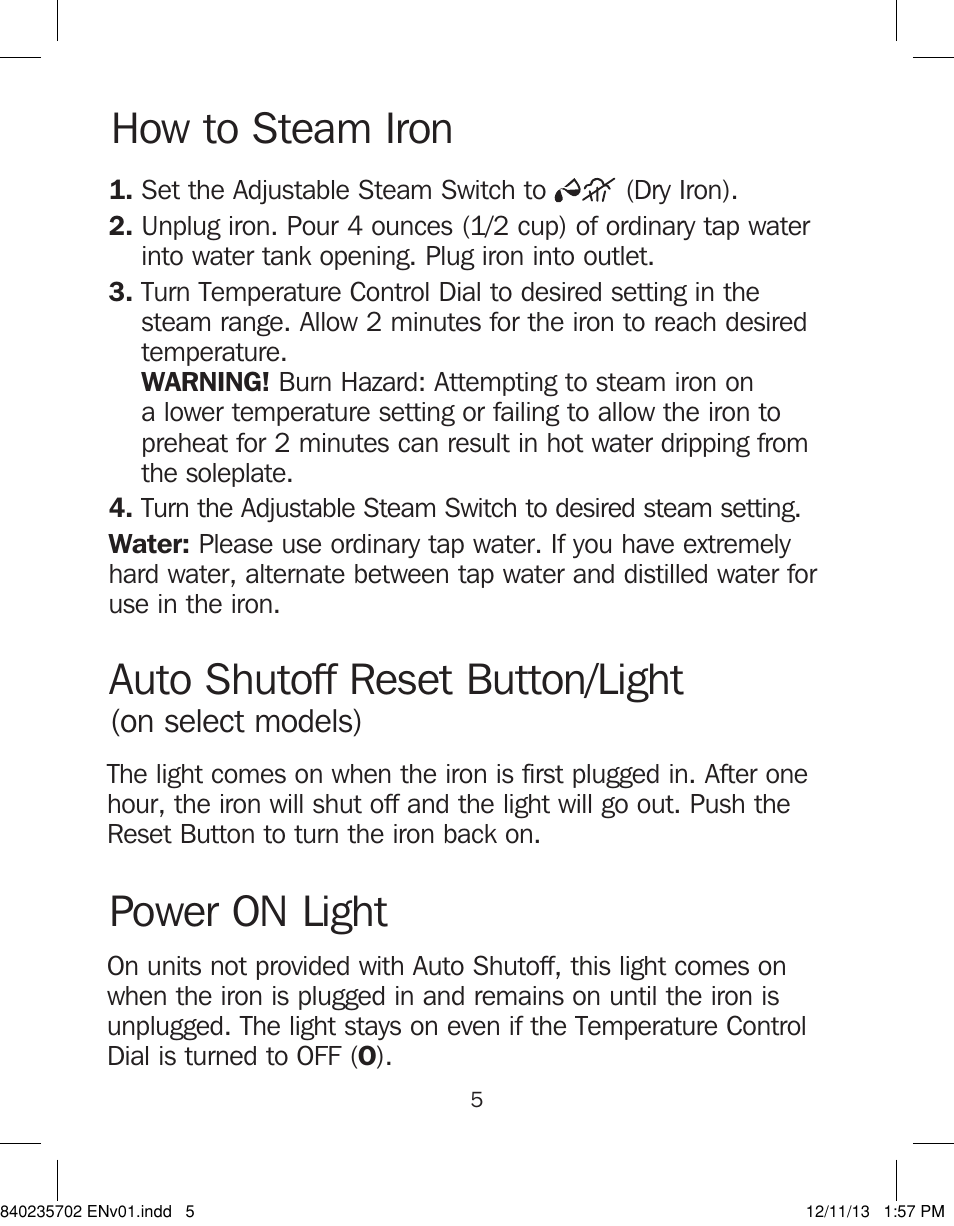 Auto shutoff reset button/light, Power on light, How to steam iron | On select models) | Proctor-Silex Iron-17325 User Manual | Page 5 / 28