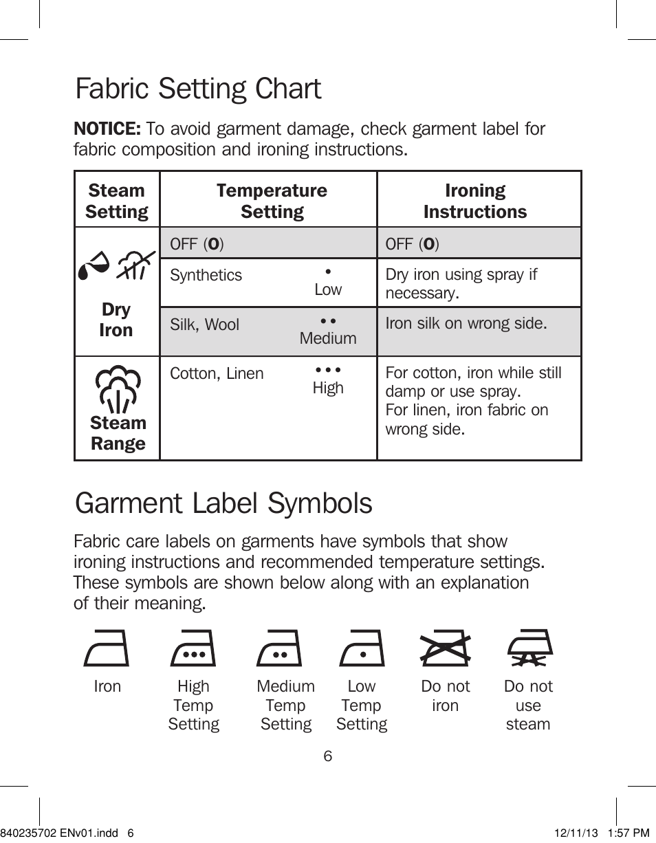 Fabric setting chart garment label symbols | Proctor-Silex Iron-17325 User Manual | Page 6 / 28