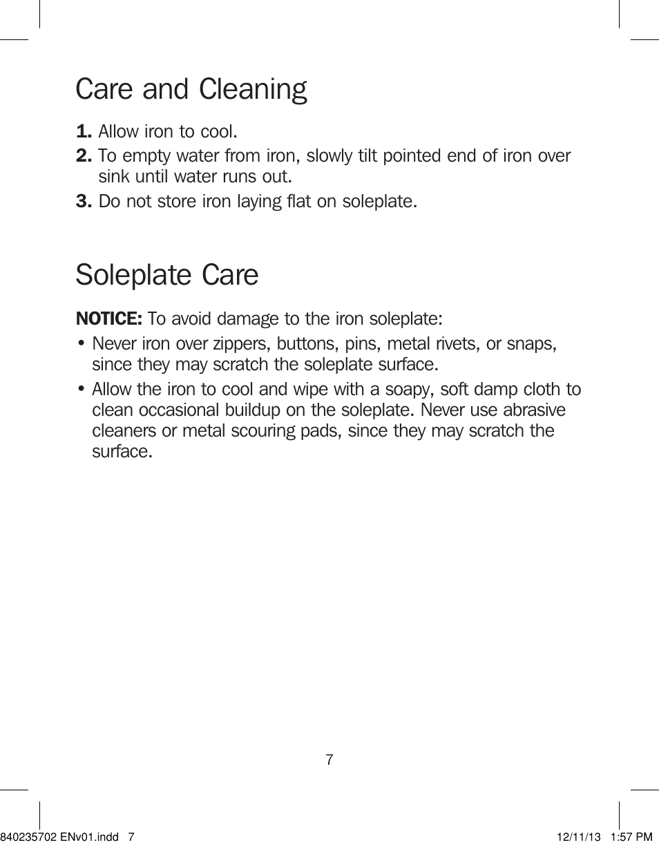 Care and cleaning soleplate care | Proctor-Silex Iron-17325 User Manual | Page 7 / 28