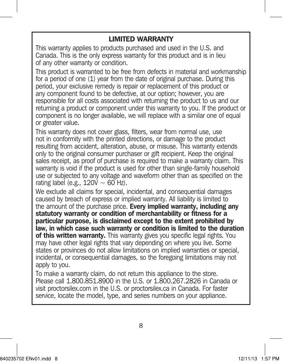 Proctor-Silex Iron-17325 User Manual | Page 8 / 28
