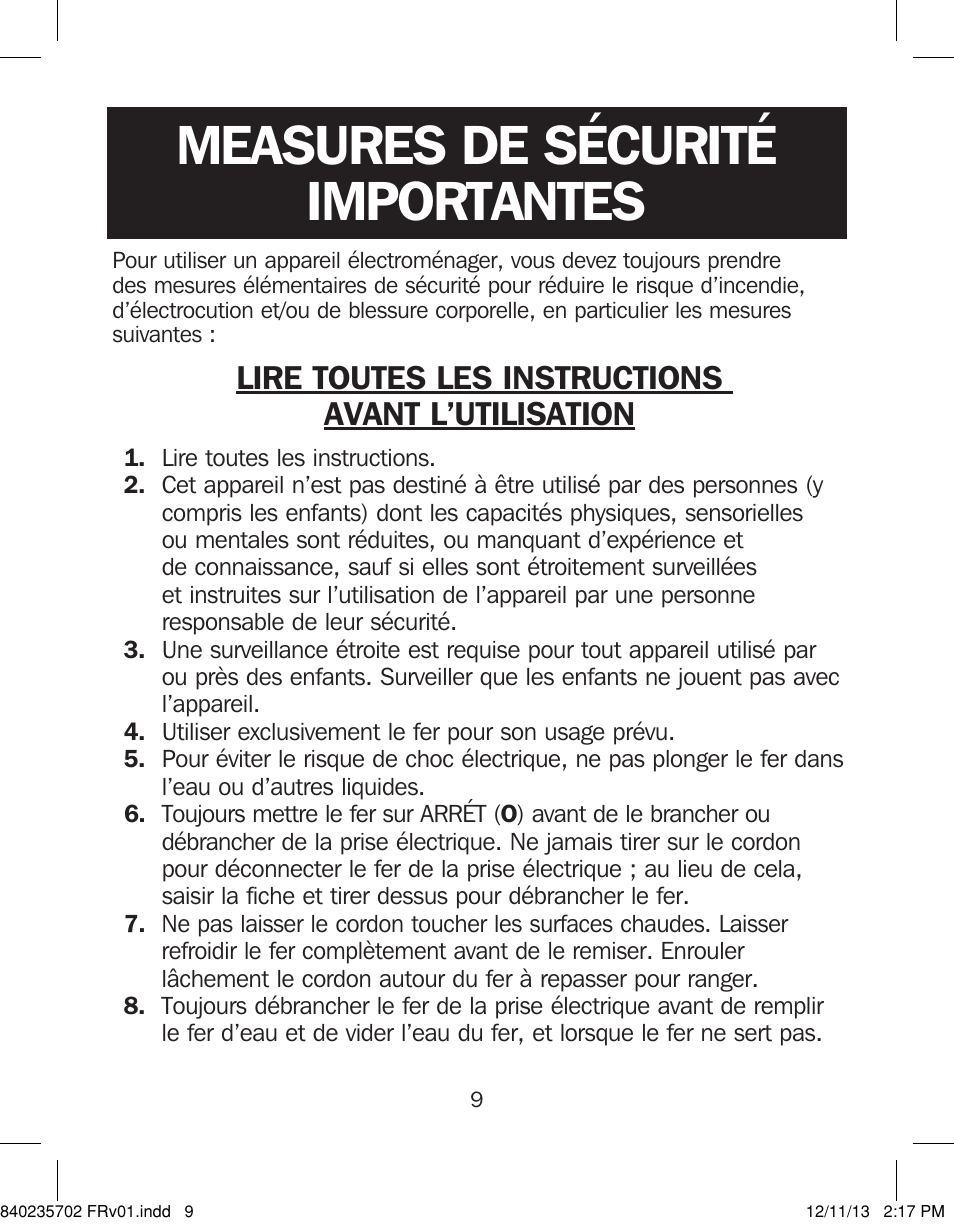 840235702 frv01, Measures de sécurité importantes, Lire toutes les instructions avant l’utilisation | Proctor-Silex Iron-17325 User Manual | Page 9 / 28