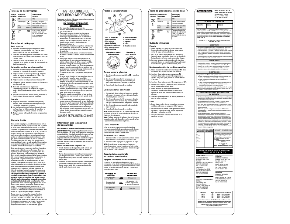 Instrucciones de seguridad importantes, Guarde estas instrucciones | Proctor-Silex Iron with Temperature Dial (blue)-17170 User Manual | Page 2 / 2