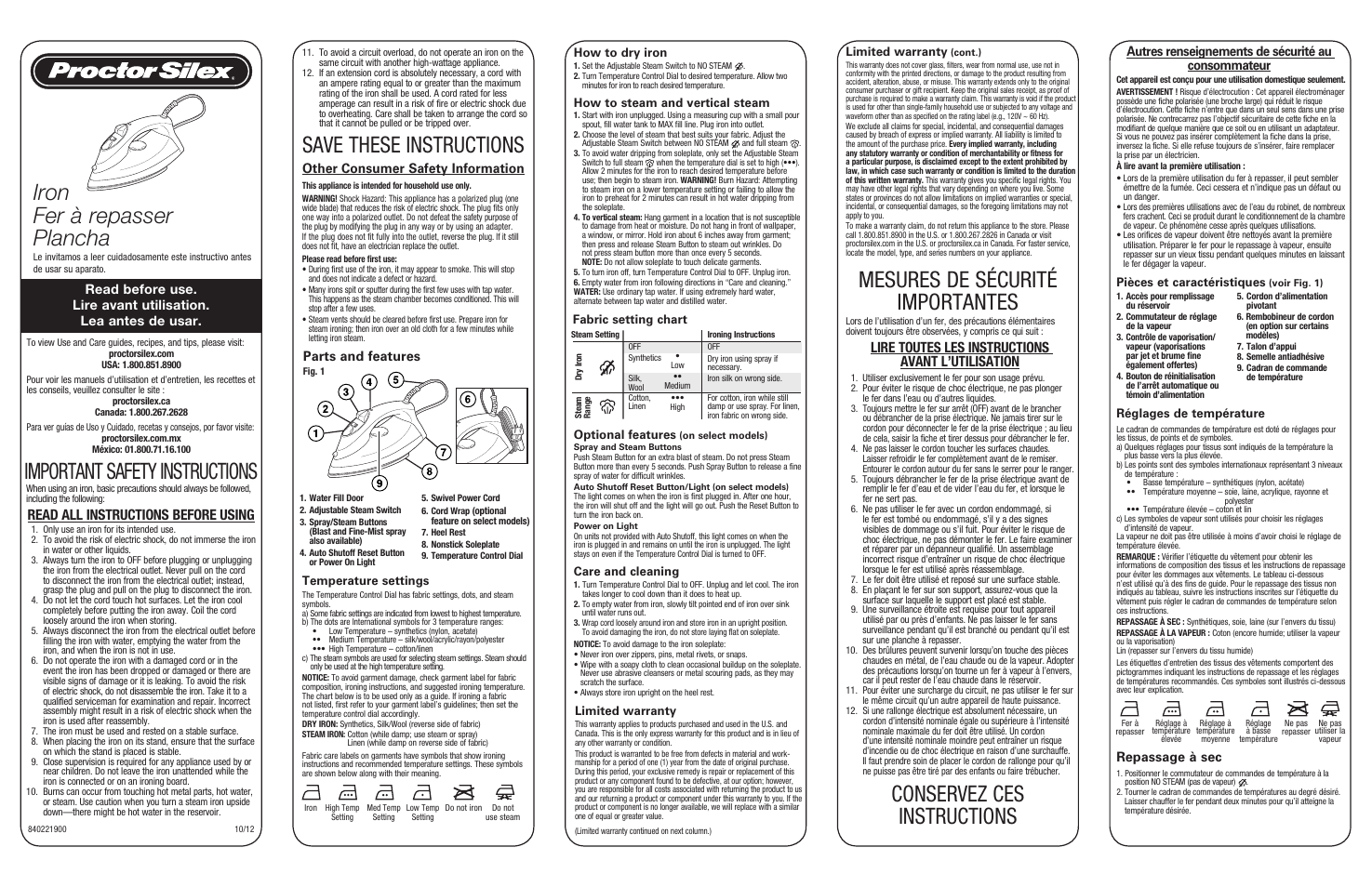 Proctor-Silex Iron with Cord Wrap-17175 User Manual | 2 pages