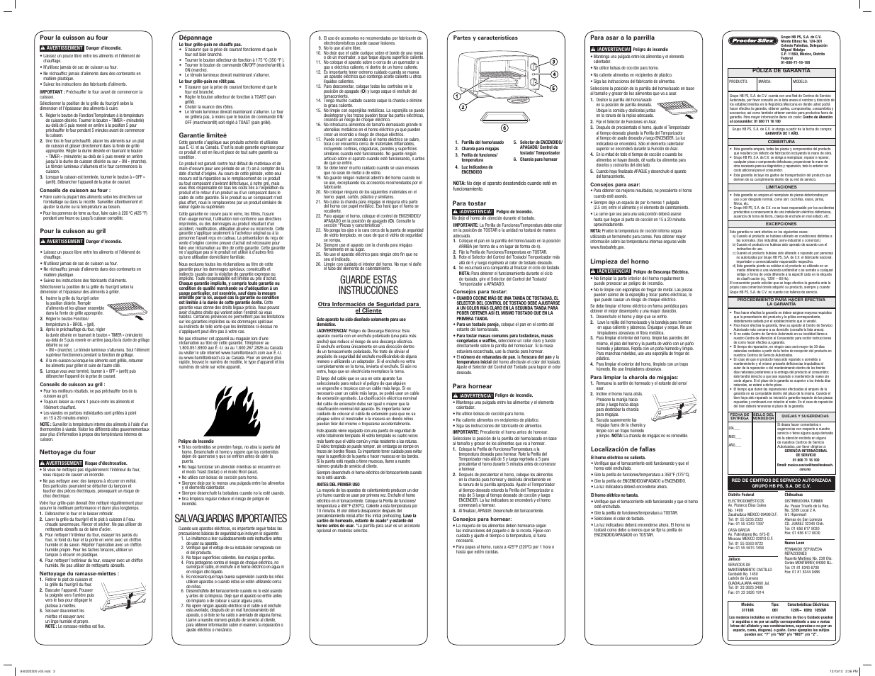 Salvaguardias importantes, Guarde estas instrucciones | Proctor-Silex Toaster Oven Broiler (white)-31116R User Manual | Page 2 / 2