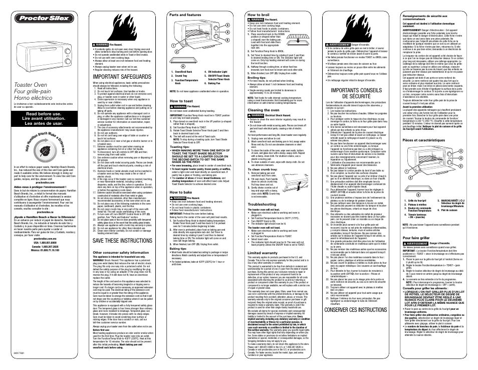 Proctor-Silex Extra-Large Toaster Oven Broiler-31116Y User Manual | 2 pages