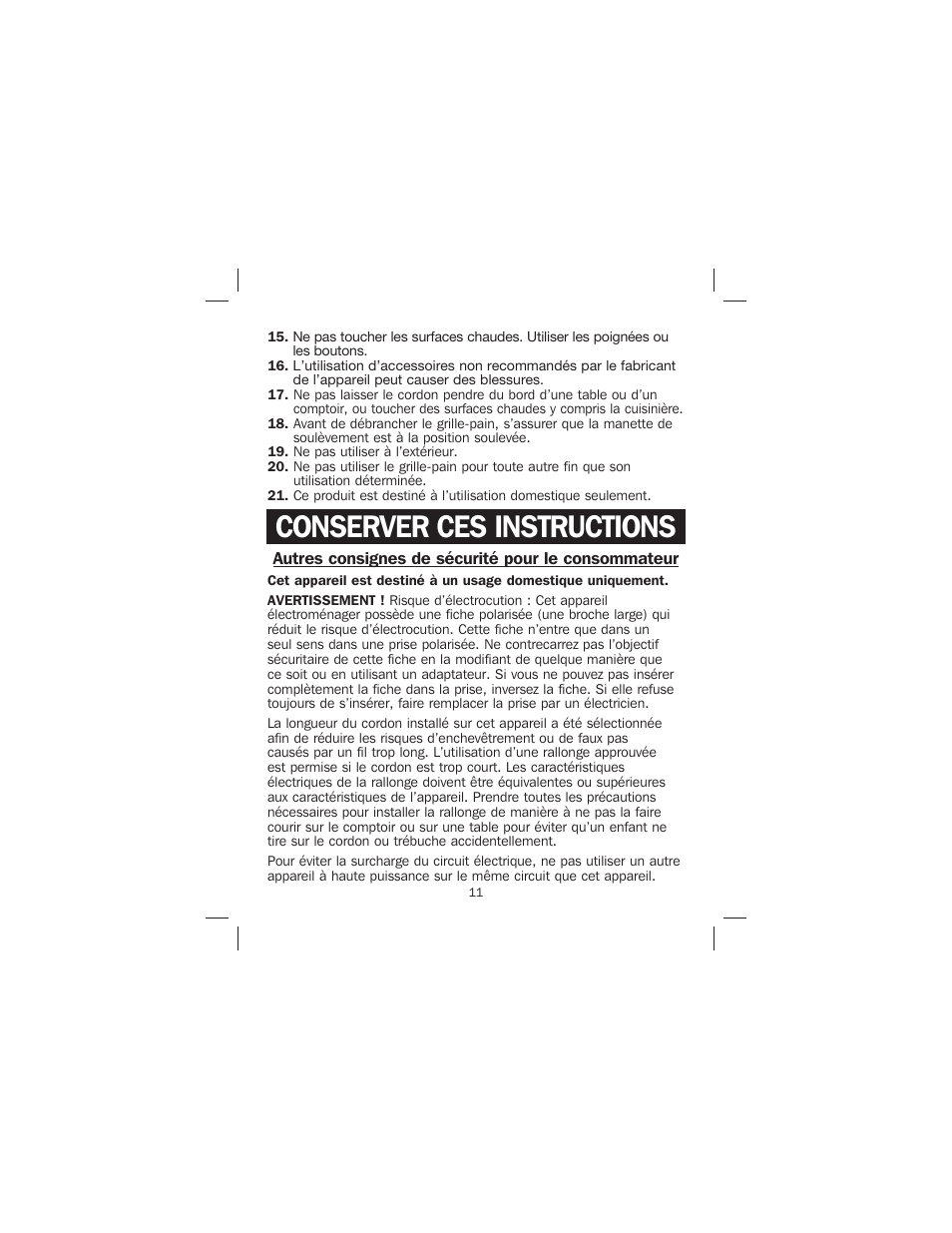 Conserver ces instructions | Proctor-Silex 4-Slice Toaster-24610 User Manual | Page 11 / 28