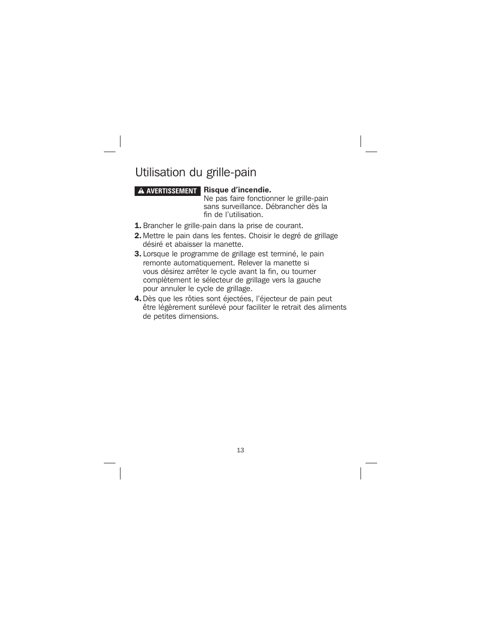 Utilisation du grille-pain | Proctor-Silex 4-Slice Toaster-24610 User Manual | Page 13 / 28