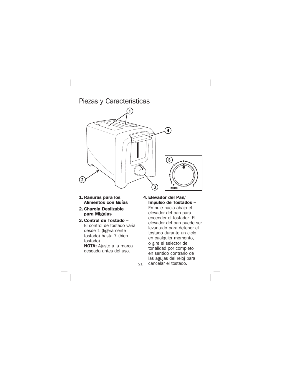 Piezas y características | Proctor-Silex 4-Slice Toaster-24610 User Manual | Page 21 / 28