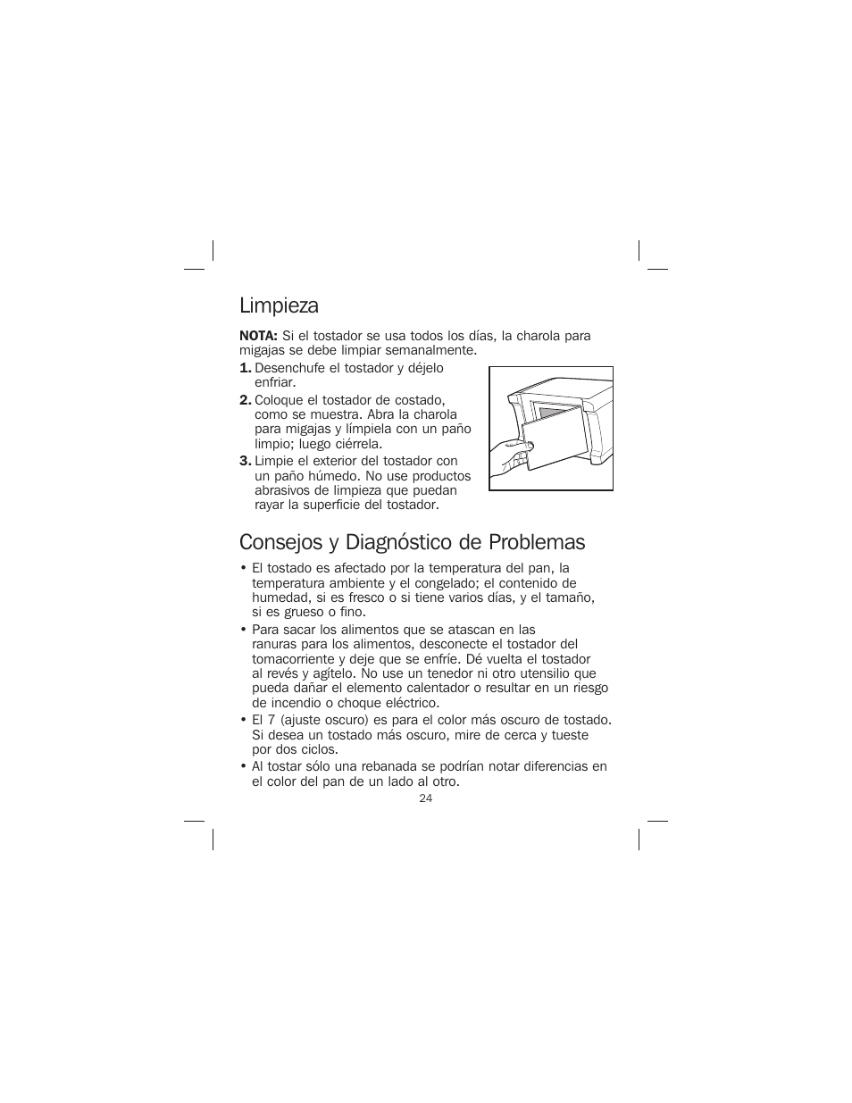 Consejos y diagnóstico de problemas, Limpieza | Proctor-Silex 4-Slice Toaster-24610 User Manual | Page 24 / 28