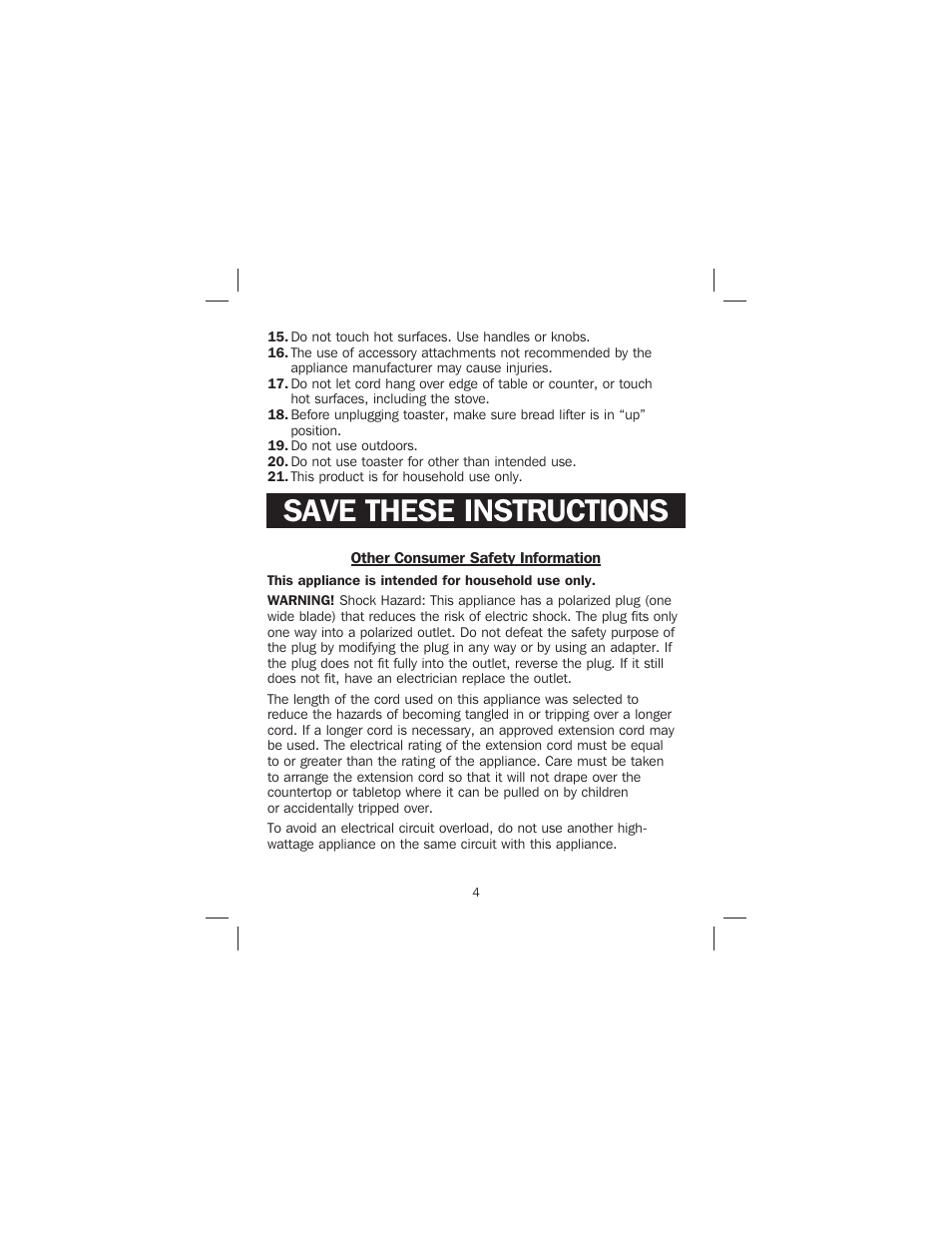 Save these instructions | Proctor-Silex 4-Slice Toaster-24610 User Manual | Page 4 / 28