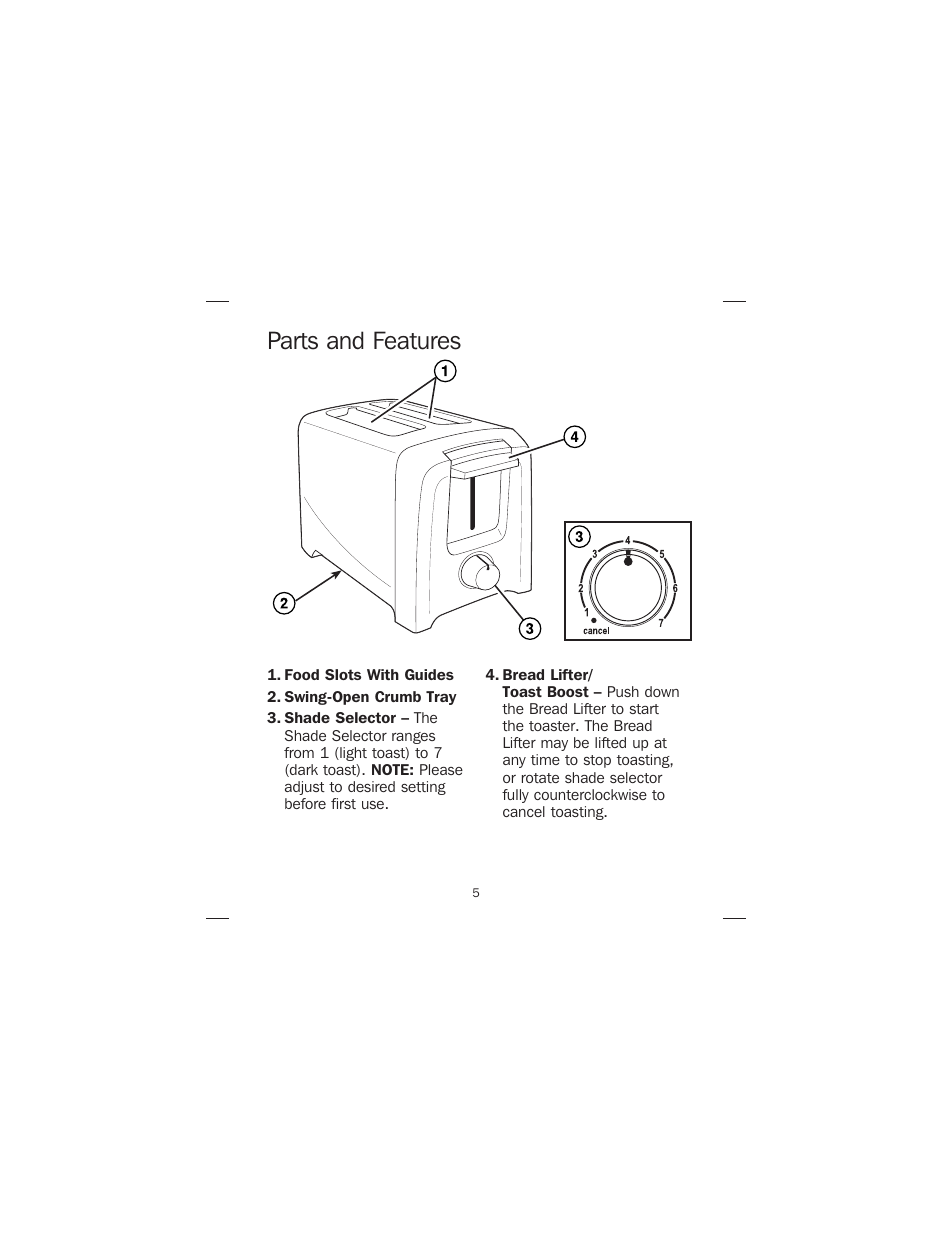 Parts and features | Proctor-Silex 4-Slice Toaster-24610 User Manual | Page 5 / 28