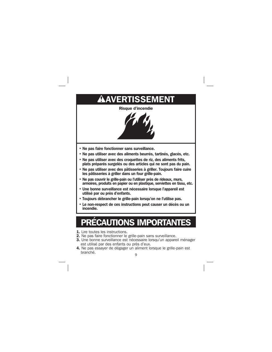Wavertissement, Précautions importantes | Proctor-Silex 4-Slice Toaster-24610 User Manual | Page 9 / 28