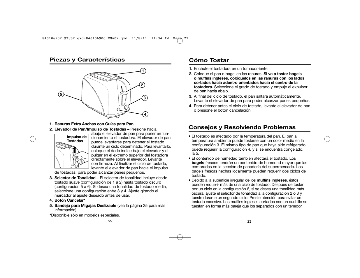 Cómo tostar, Consejos y resolviendo problemas, Piezas y características | Proctor-Silex Cool-Touch 4 Slice Toaster (black)-24201 User Manual | Page 13 / 16