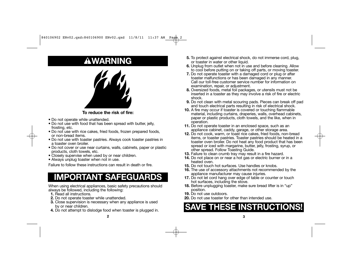 Warning, Important safeguards, Save these instructions | Proctor-Silex Cool-Touch 4 Slice Toaster (black)-24201 User Manual | Page 2 / 16