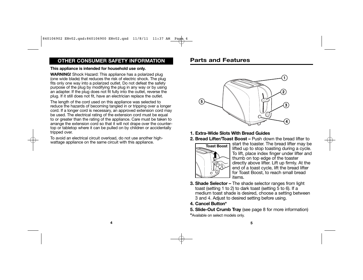 Proctor-Silex Cool-Touch 4 Slice Toaster (black)-24201 User Manual | Page 3 / 16