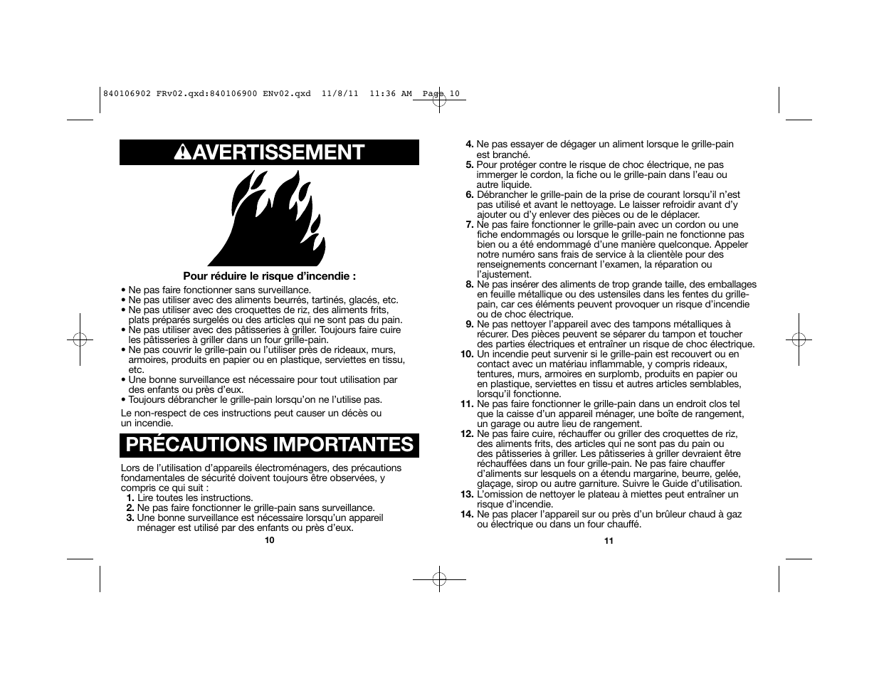 Avertissement, Précautions importantes | Proctor-Silex Cool-Touch 4 Slice Toaster (black)-24201 User Manual | Page 6 / 16