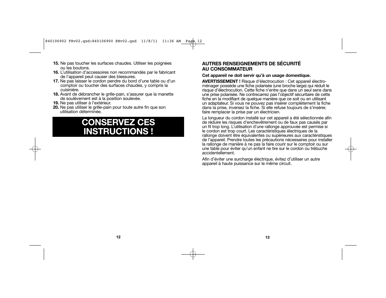 Conservez ces instructions | Proctor-Silex Cool-Touch 4 Slice Toaster (black)-24201 User Manual | Page 7 / 16