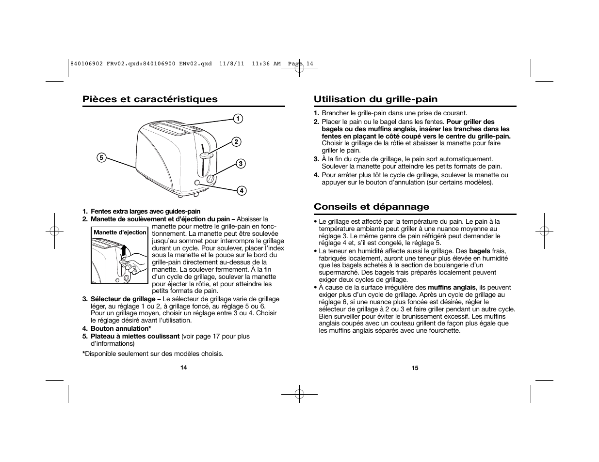 Utilisation du grille-pain, Conseils et dépannage, Pièces et caractéristiques | Proctor-Silex Cool-Touch 4 Slice Toaster (black)-24201 User Manual | Page 8 / 16