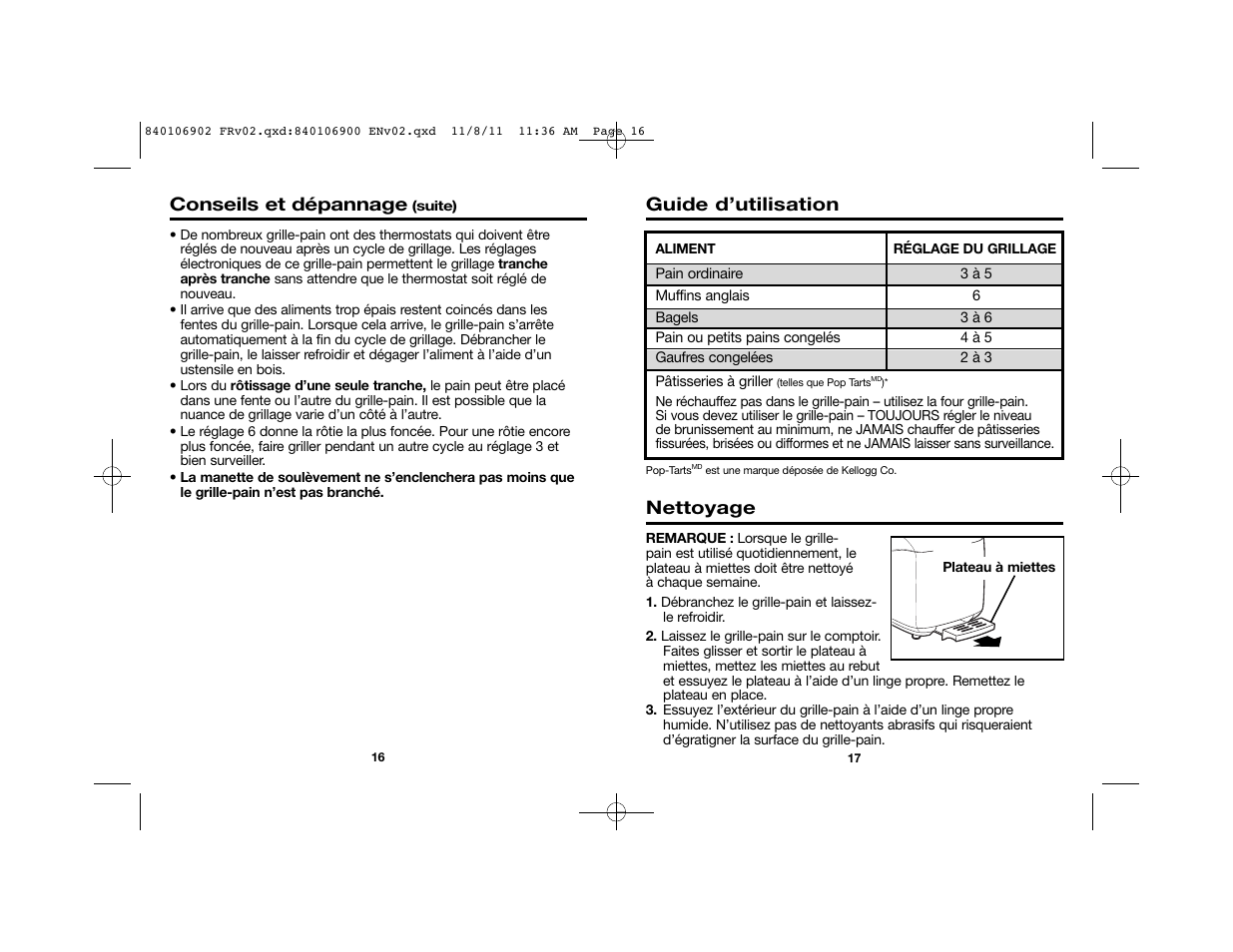 Guide d’utilisation, Nettoyage, Conseils et dépannage | Proctor-Silex Cool-Touch 4 Slice Toaster (black)-24201 User Manual | Page 9 / 16