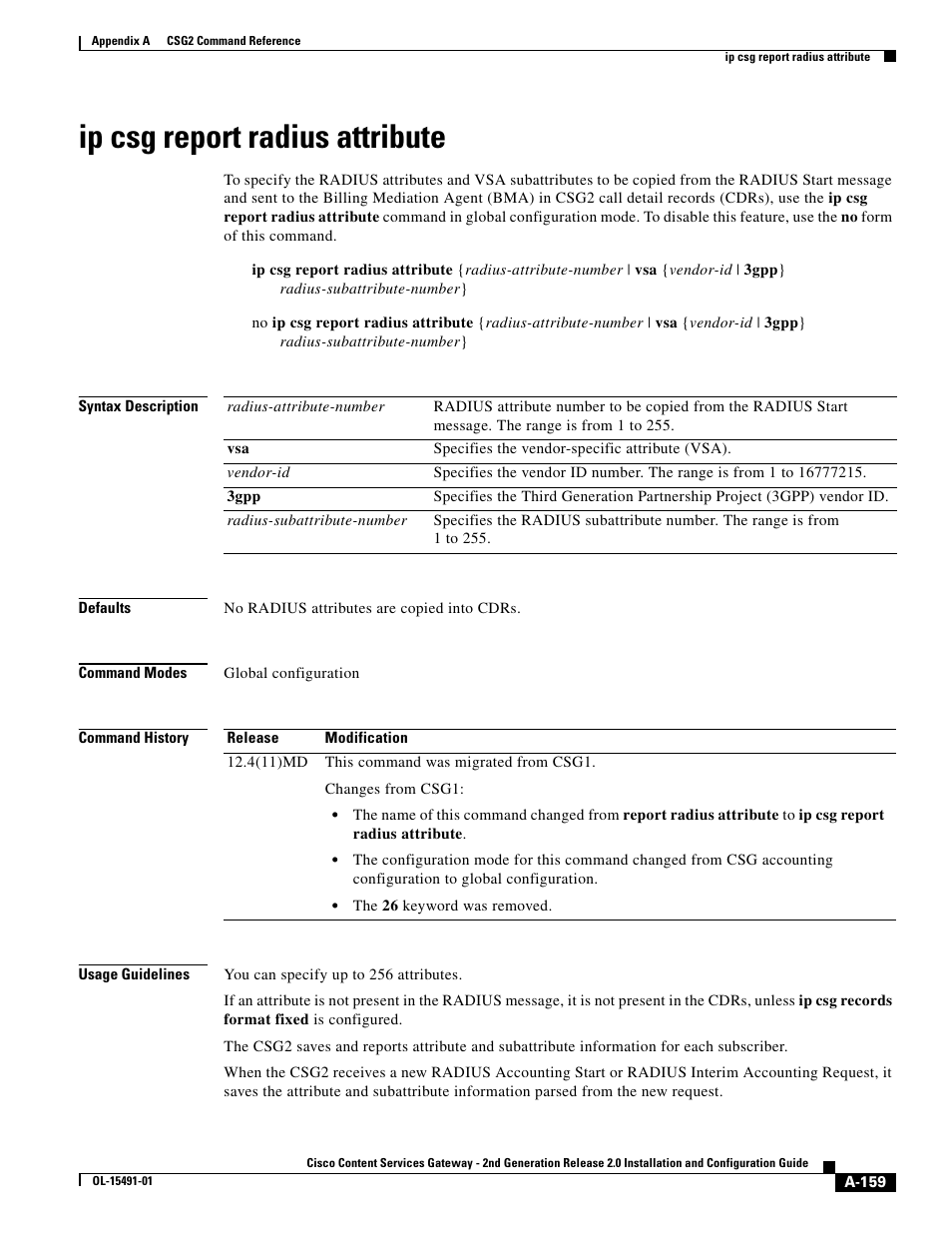 Ip csg report radius attribute | Cisco OL-15491-01 User Manual | Page 159 / 268