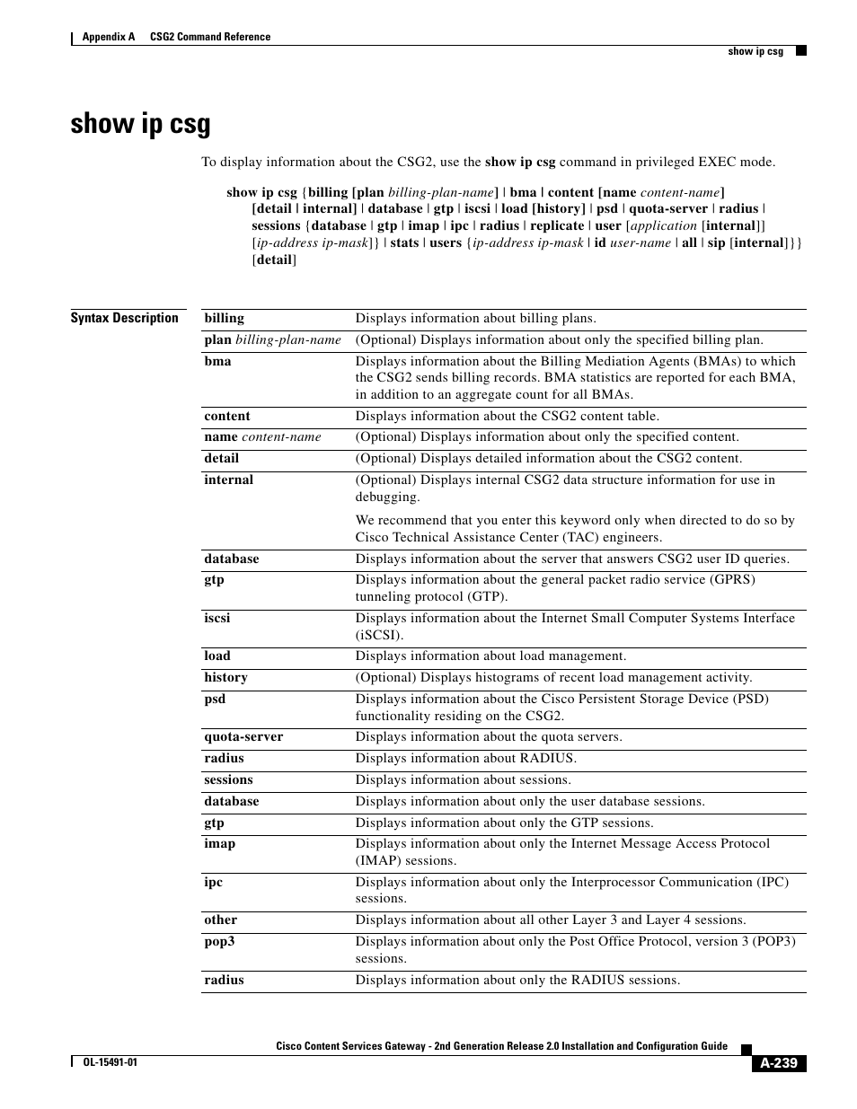 Show ip csg | Cisco OL-15491-01 User Manual | Page 239 / 268