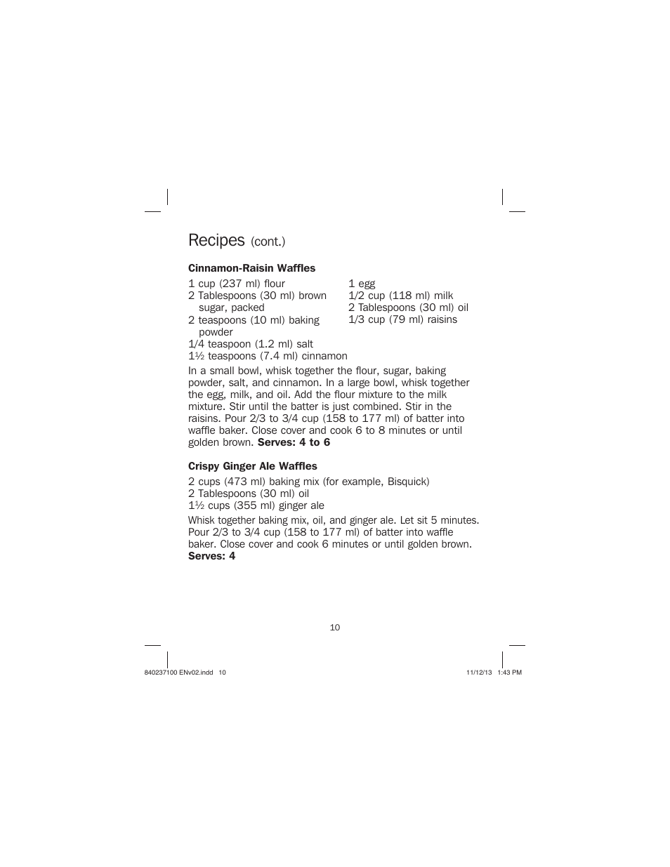 Recipes, Cont.) | Proctor-Silex Round Belgian Waffle Maker-26070 User Manual | Page 10 / 36