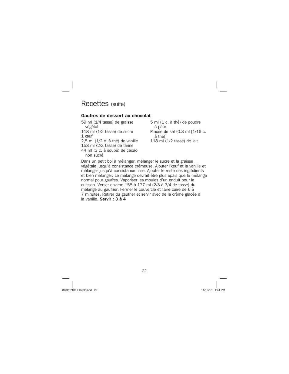 Recettes, Suite) | Proctor-Silex Round Belgian Waffle Maker-26070 User Manual | Page 22 / 36