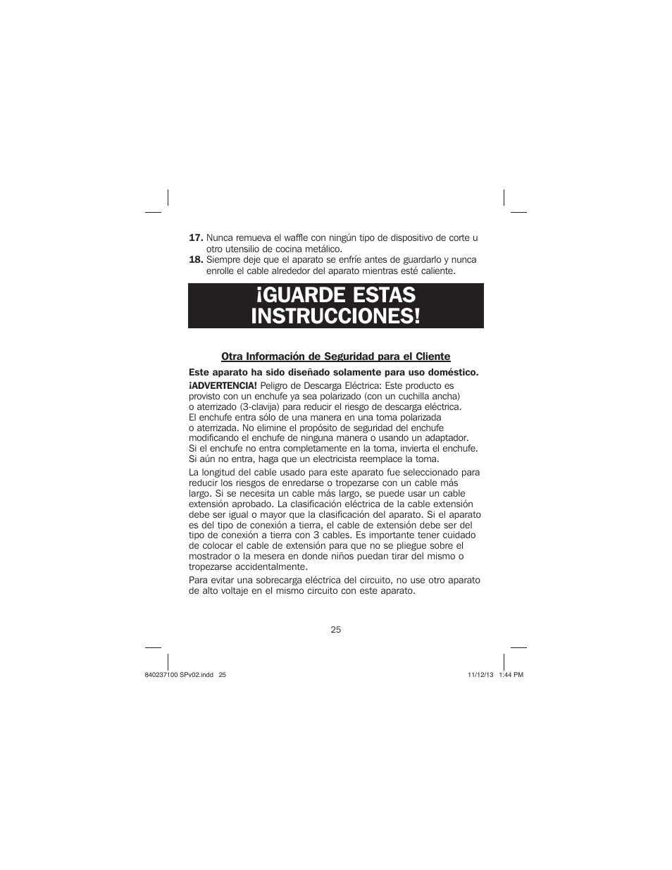 Guarde estas instrucciones | Proctor-Silex Round Belgian Waffle Maker-26070 User Manual | Page 25 / 36