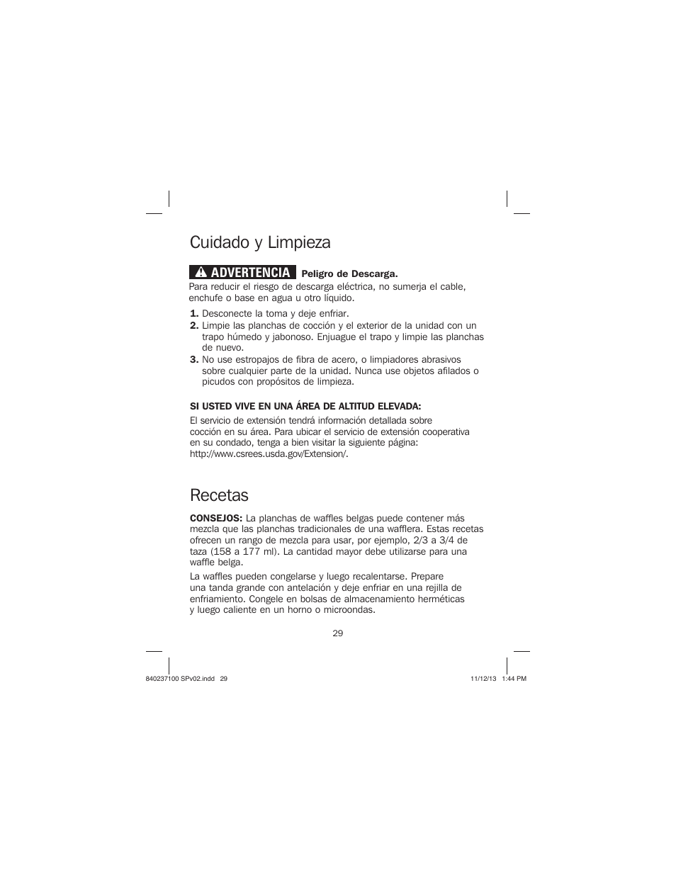 Cuidado y limpieza recetas, Wadvertencia | Proctor-Silex Round Belgian Waffle Maker-26070 User Manual | Page 29 / 36