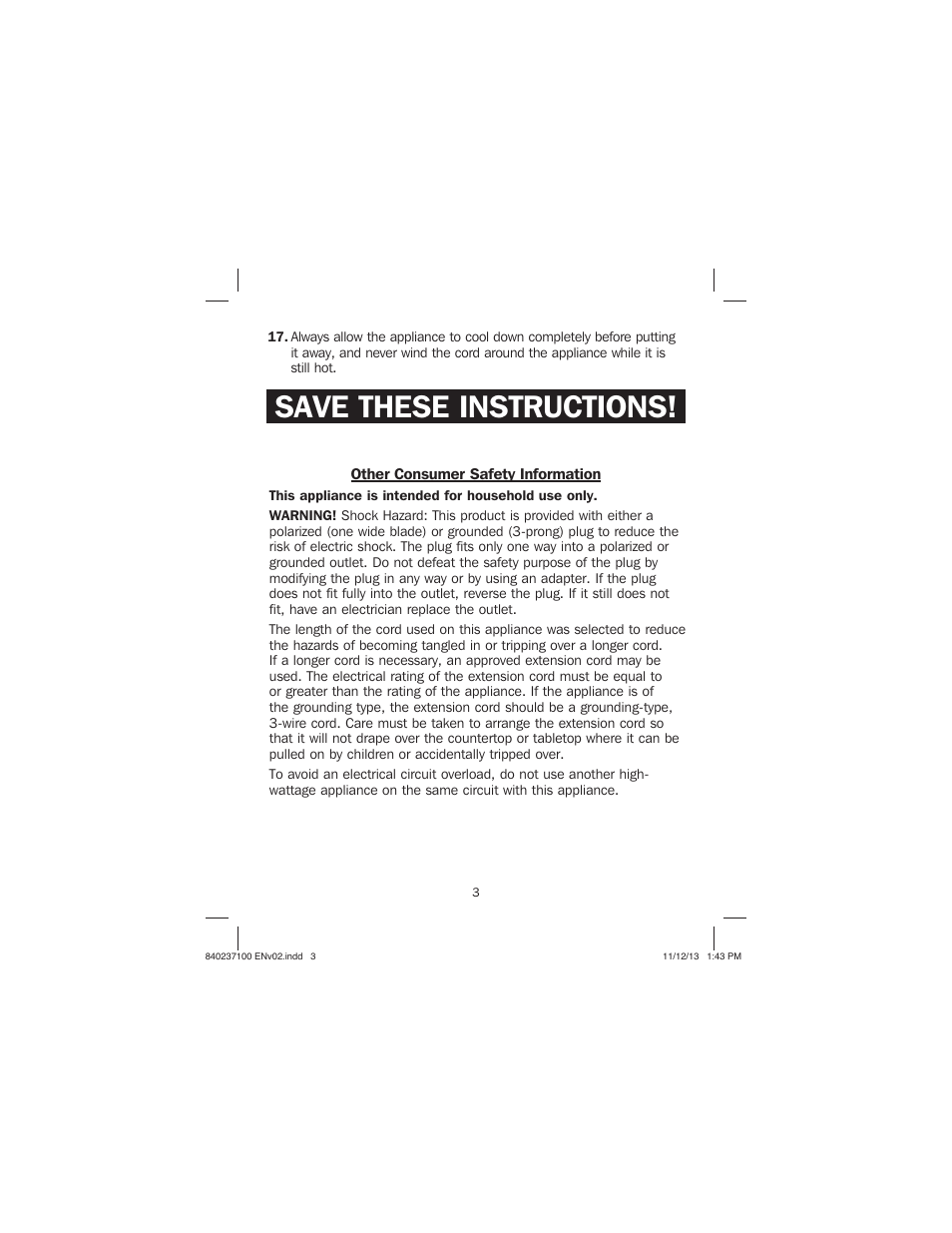 Save these instructions | Proctor-Silex Round Belgian Waffle Maker-26070 User Manual | Page 3 / 36