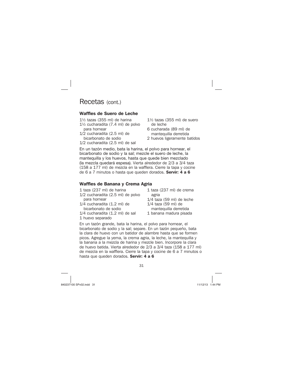 Recetas, Cont.) | Proctor-Silex Round Belgian Waffle Maker-26070 User Manual | Page 31 / 36